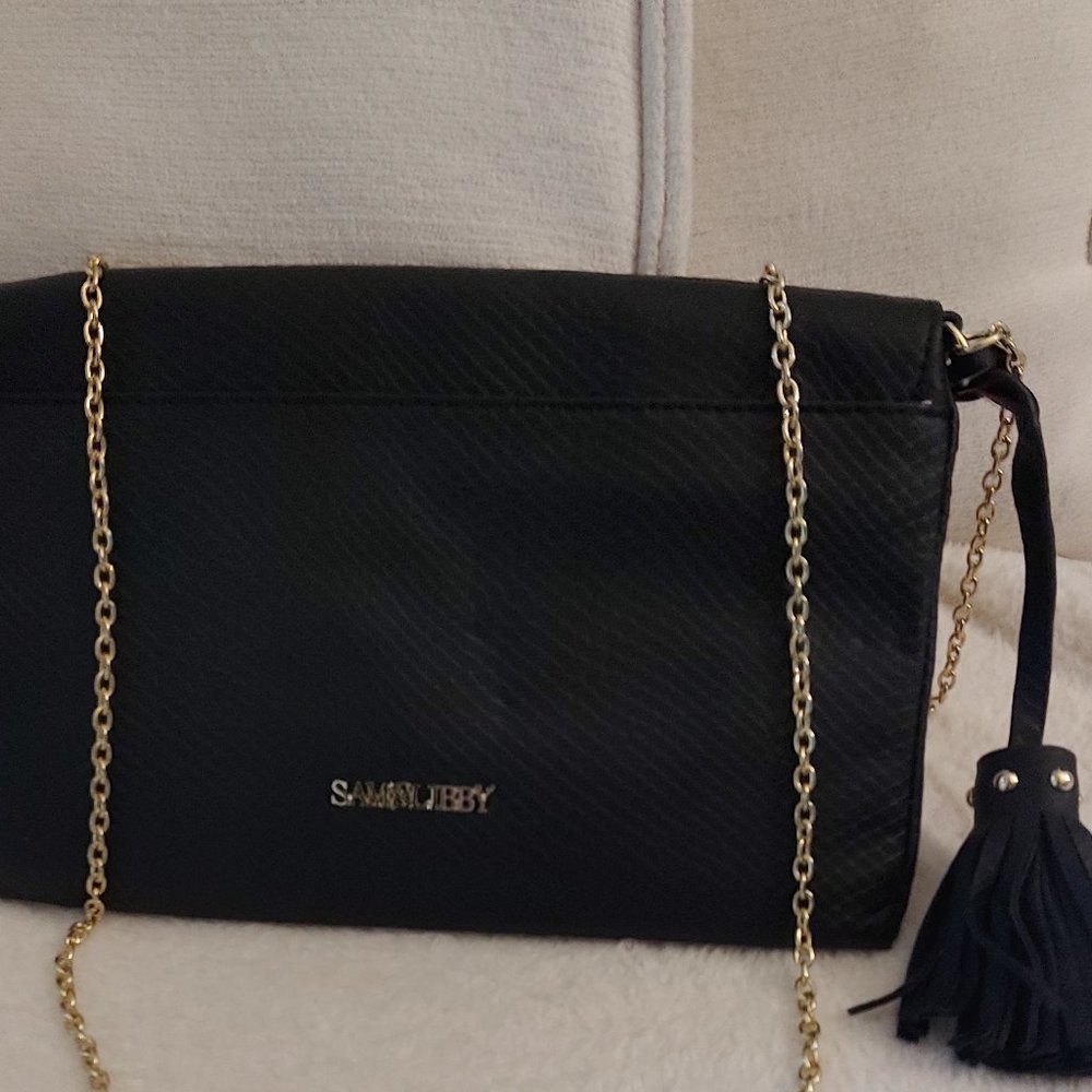 Convertible Clutch Purse Black Faux Snakeskin Tassel Charm & Hand Strap
